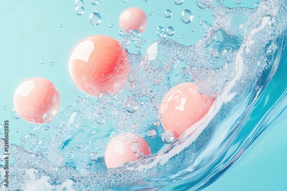 Fototapeta premium Pink spheres submerged in clear water, bubbles rising. Perfect for beauty, skincare, or cosmetic product ads.