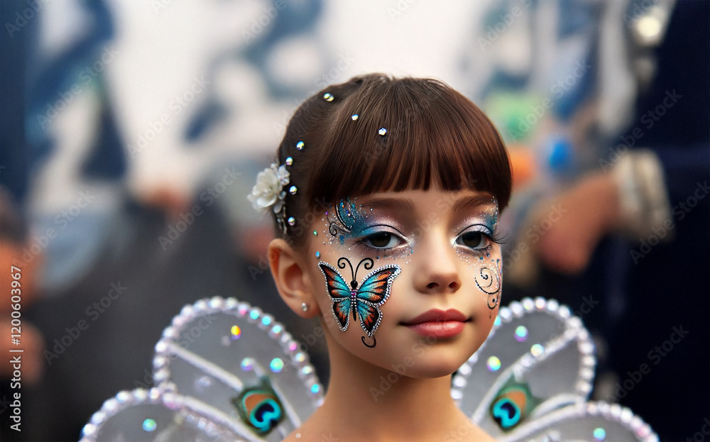 Beautiful portrait of a girl with butterfly makeup for carnival, lovely child wearing a magnificent costume with white wings and sparkling rhinestones, festive event with people having fun, closeup Beautiful portrait of a girl with butterfly makeup for carnival, lovely child wearing a magnificent costume with white wings and sparkling rhinestones, festive event with people having fun, closeup