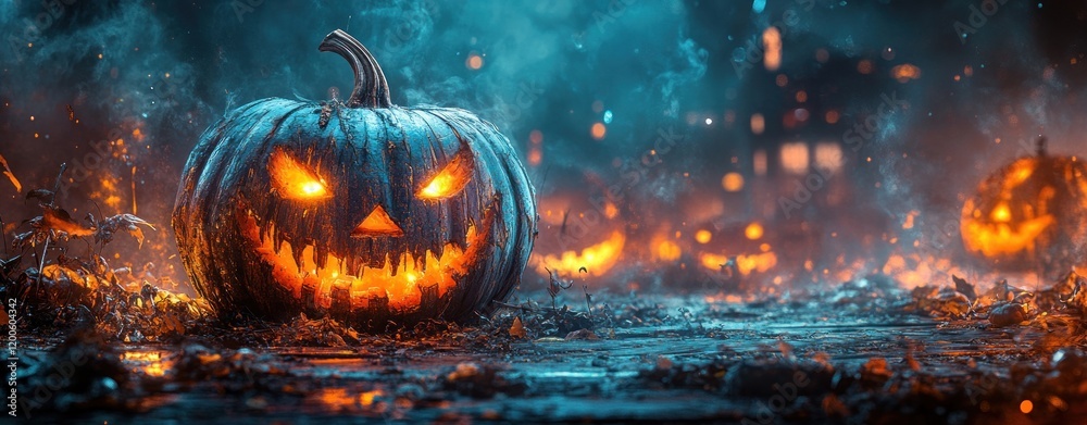 Glowing Pumpkin Lantern on Wooden Table in Spooky Night with Moonlight and Shadows Glowing Pumpkin Lantern on Wooden Table in Spooky Night with Moonlight and Shadows