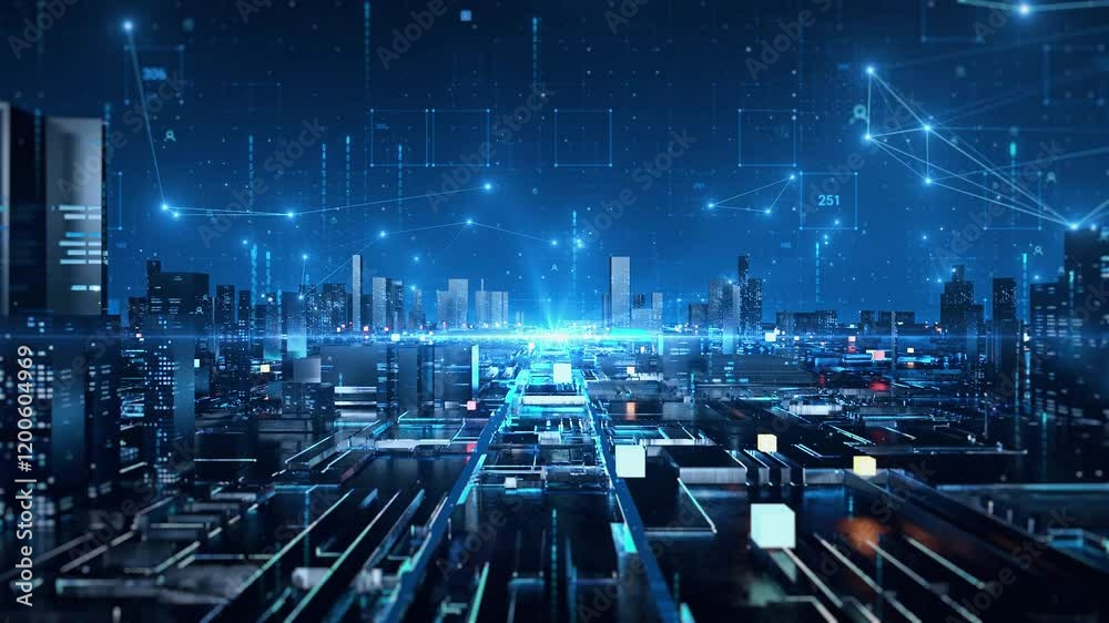 High-tech grid lines, technological block ground plane buildings, future technological city shuttle background, technological particle light elements.