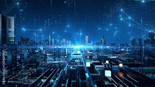 High-tech grid lines, technological block ground plane buildings, future technological city shuttle background, technological particle light elements.
