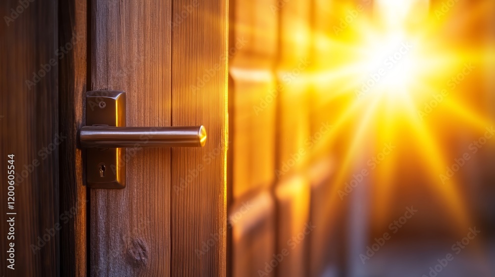 Obraz premium A wooden door partially open, letting in bright sunlight, symbolizing opportunity and warmth.