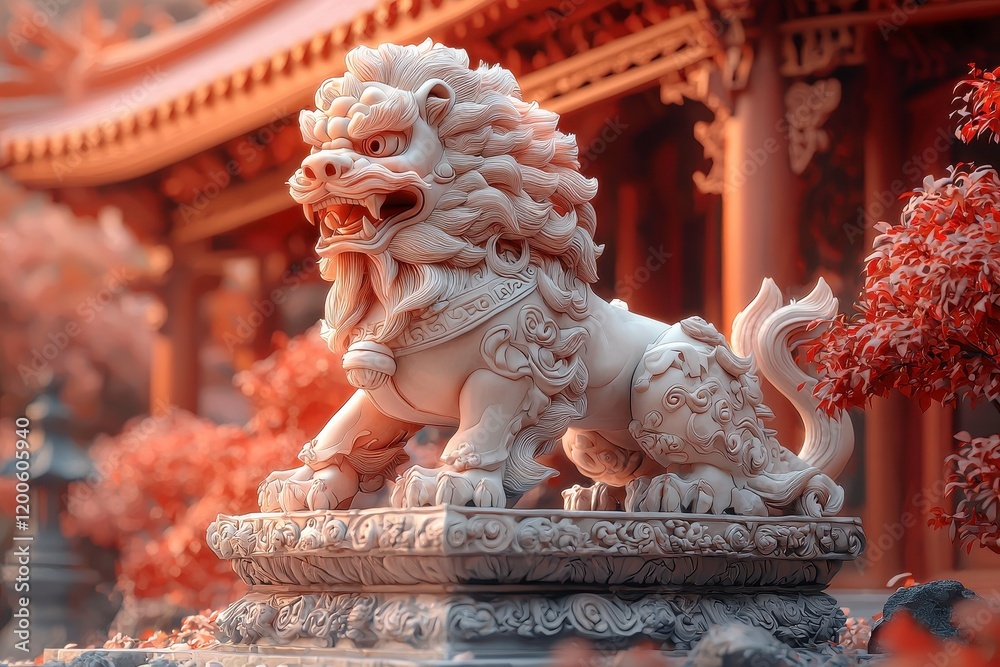 Fototapeta premium Majestic Stone Lion Statue with Intricate Details Surrounded by Lush Red Foliage in a Tranquil Asian Garden Setting for Cultural and Artistic Inspiration