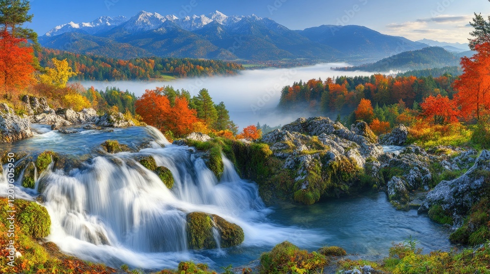 Obraz premium Autumnal waterfall, misty valley, snow-capped mountains. Scenic postcard