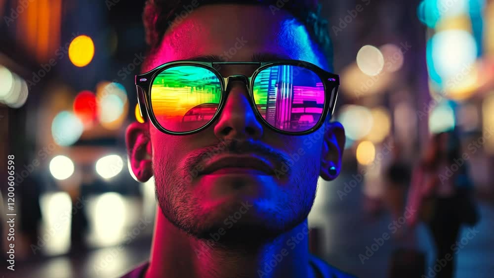 Man wearing reflective sunglasses illuminated by neon lights at night. Futuristic and nightlife concept. High quality 4k footage Man wearing reflective sunglasses illuminated by neon lights at night. Futuristic and nightlife concept. High quality 4k footage