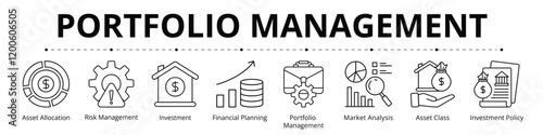 Portfolio Management Line Banner Web Icon Set Vector Illustration, Asset Allocation Risk Management Investment Financial Planning Portfolio Manager Market Analysis Asset Class Investment Policy