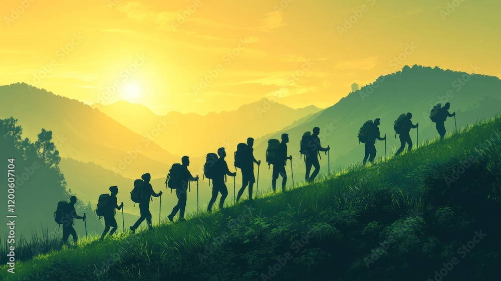 Hikers ascending a mountain at sunrise. Hikers ascending a mountain at sunrise.