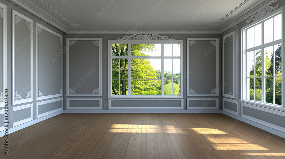 Fototapeta premium Classic Empty Room with Ornate Moldings and Large Windows