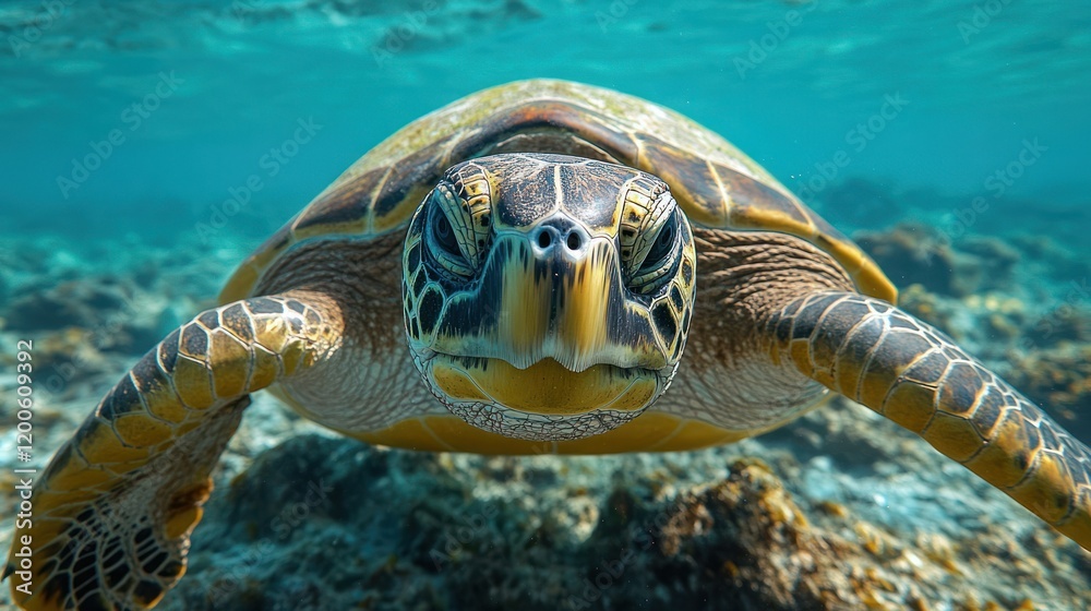 Fototapeta premium Sea turtle swims coral reef, ocean background