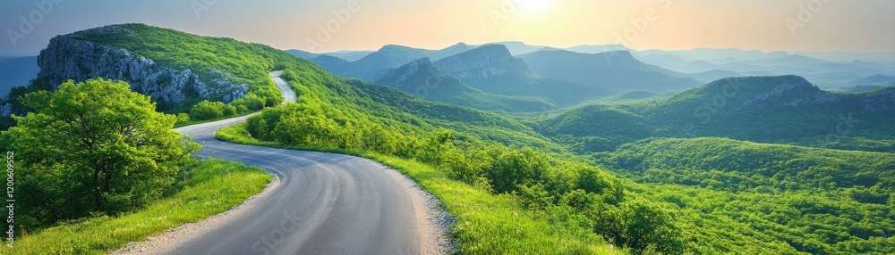 Fototapeta premium Winding road through green mountains at sunset. Travel brochure