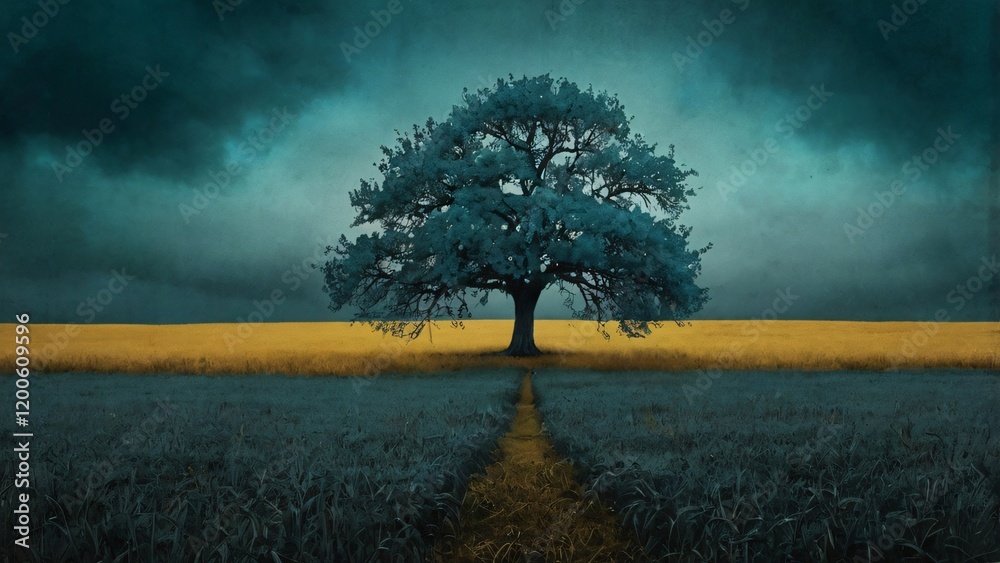 Solitary Tree in a Golden Field under a Stormy Sky Solitary Tree in a Golden Field under a Stormy Sky