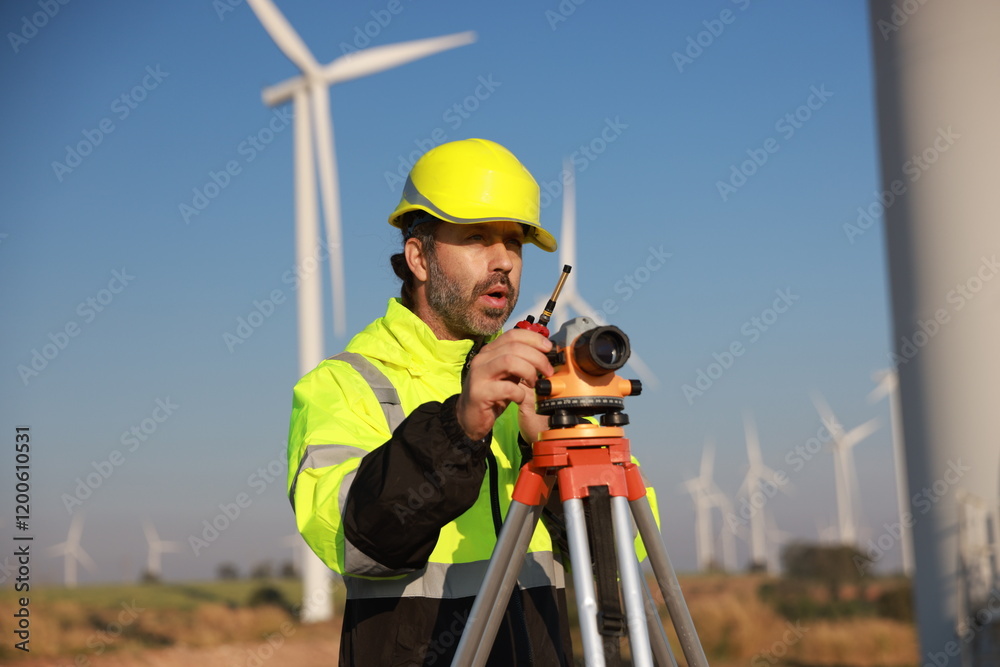 Energy engineer using a survey camera to measure elevation in a wind turbine farm for electricity production, emphasizing green energy initiatives. Energy engineer using a survey camera to measure elevation in a wind turbine farm for electricity production, emphasizing green energy initiatives.