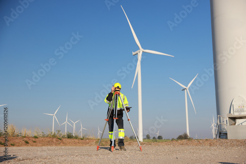 Wallpaper Mural Energy engineer using a survey camera to measure elevation in a wind turbine farm for electricity production, emphasizing green energy initiatives. Torontodigital.ca