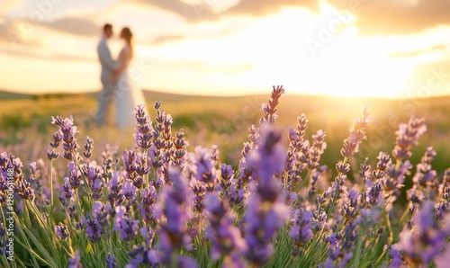 Couple embraces at sunset, lavender field. Wedding, romance, nature