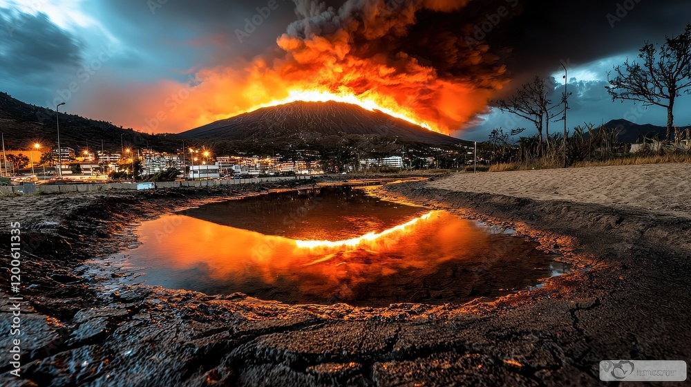 Fiery Eruption at Dusk with Reflections on Calm Water Surface Fiery Eruption at Dusk with Reflections on Calm Water Surface