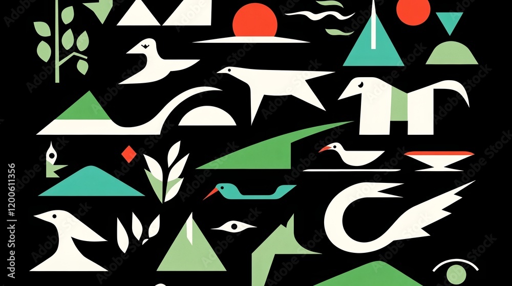 Fototapeta premium Abstract Avian and Landscape Composition in Geometric Style