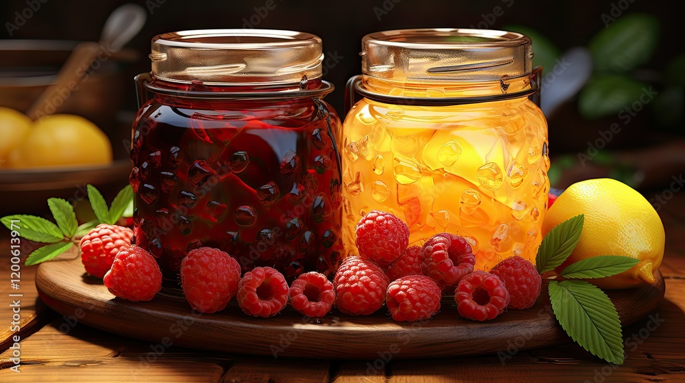 Two glass jars filled with red and yellow liquid with raspberries and a lemon on a wooden tray