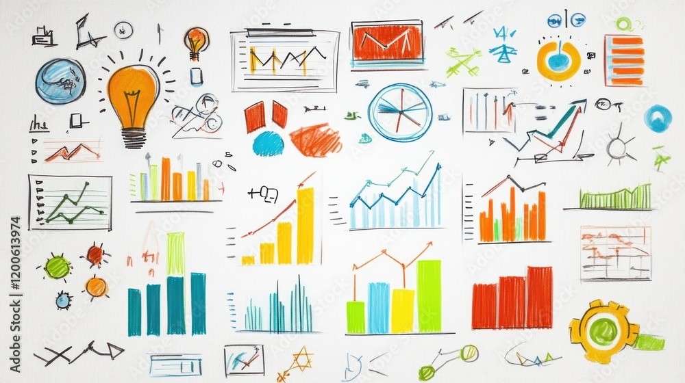 Colorful Business Charts and Graphs Hand-Drawn on Whiteboard Colorful Business Charts and Graphs Hand-Drawn on Whiteboard