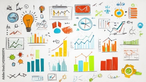 Colorful Business Charts and Graphs Hand-Drawn on Whiteboard