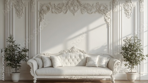 White interior of an old church with gothic architecture and stained glass windows