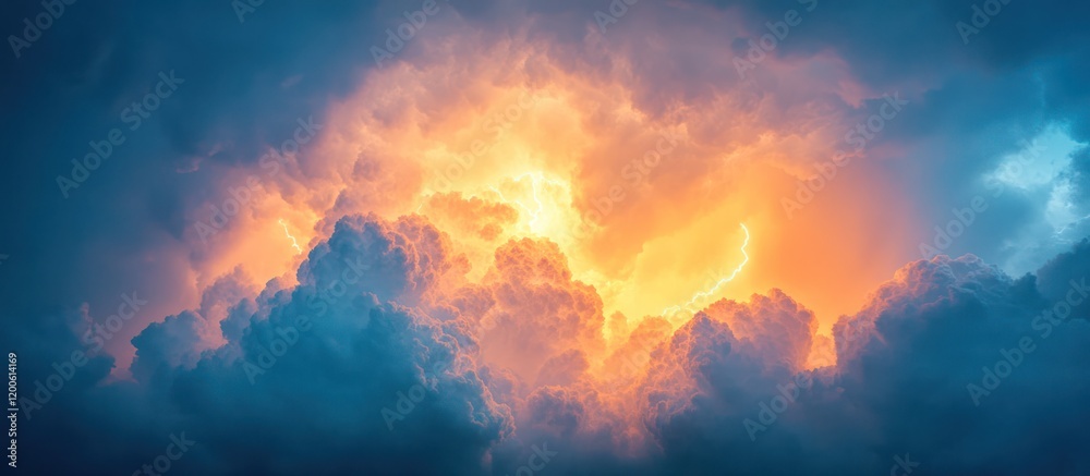 Fototapeta premium Fiery Sky, Lightning Storm, Dramatic Cloudscape