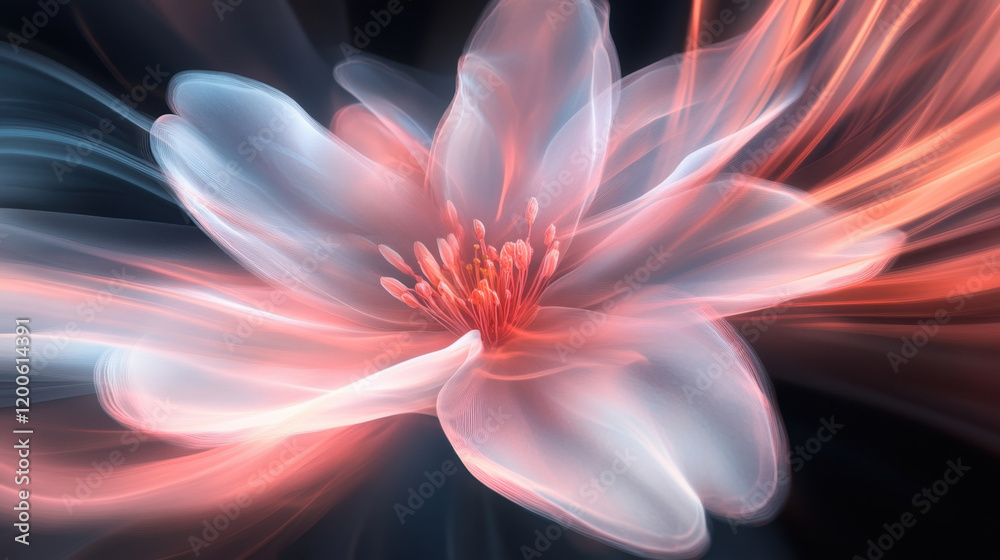 beautiful flower with soft petals in shades of pink and white, surrounded by flowing light trails, creating dreamy and ethereal atmosphere beautiful flower with soft petals in shades of pink and white, surrounded by flowing light trails, creating dreamy and ethereal atmosphere