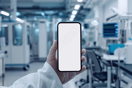 Smart Phone Mocku in Hands Laboratory in Background Hospital App Presentation Concept