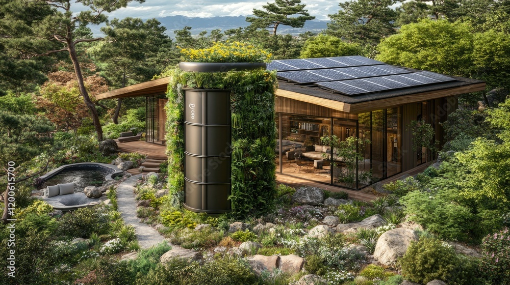 Fototapeta premium Eco-friendly house, solar panels, mountain view, tranquil garden