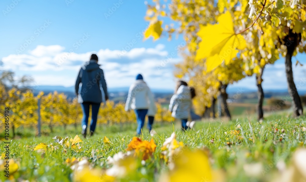 Family autumn vineyard walk, hills background, fall foliage Family autumn vineyard walk, hills background, fall foliage