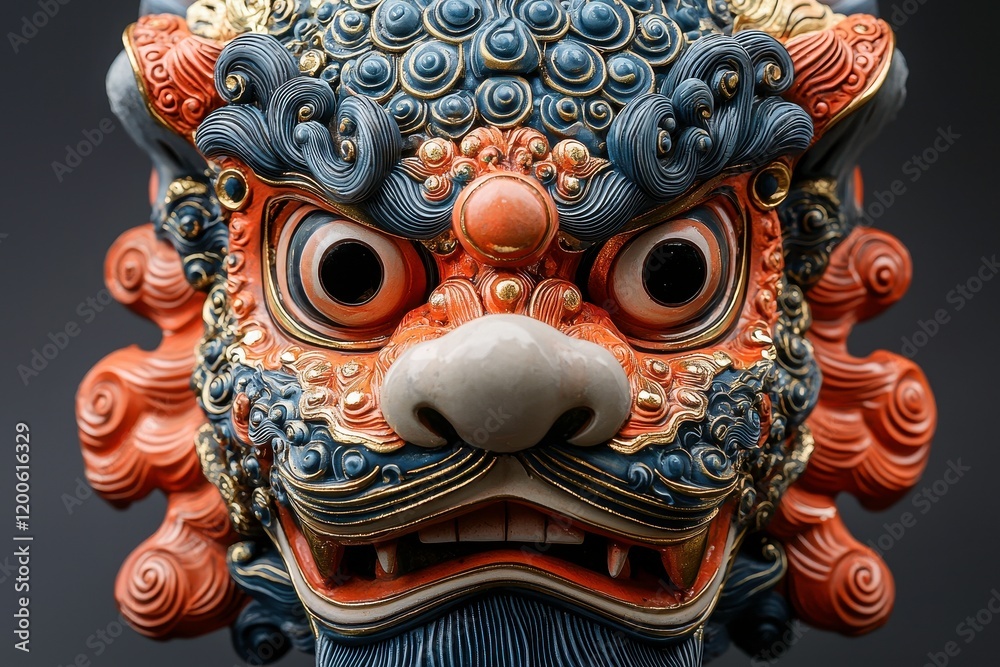 Fototapeta premium Intricate Close-up of a Vibrant Mythical Lion Mask with Majestic Colors and Elaborate Details, Showcasing Traditional Artistry and Cultural Significance