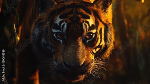 Tiger walking forward in jungle during sunset, for animal, nature, or wildlife related concepts photo