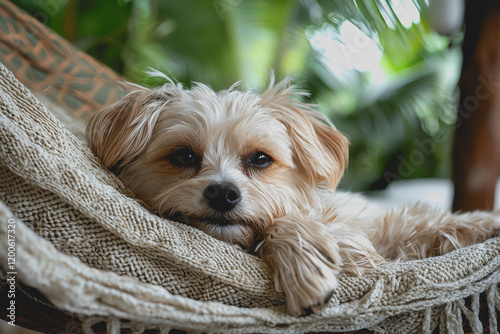 Small dog relaxing comfortably on a soft ham ham cushion cute pet lying down home environment cozy atmosphere adorable canine playful animal pet lovers delight warmth
