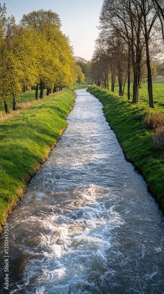 Serene spring river flows through lush green landscape, sunlight dappling the water; ideal for travel brochures Serene spring river flows through lush green landscape, sunlight dappling the water; ideal for travel brochures