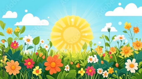 Sunny meadow with colorful flowers and bright sun.