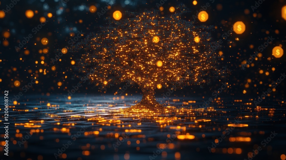 Naklejka premium Glowing Money Tree: Digital Wealth and Prosperity