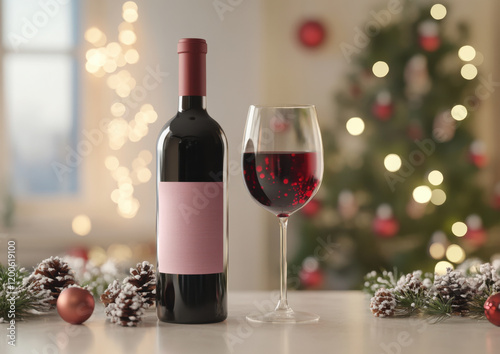 red wine bottle with blank label beside glass of red wine, set against festive background with Christmas tree and decorative lights, creating warm holiday atmosphere