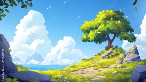 Idyllic Lakeside Scene With Tree And Rolling Hills
