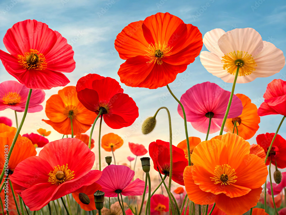 Obraz premium poppy flowers in the field. flower, poppy, floral, nature, pattern, vector, summer, seamless, flowers, illustration, spring, plant, design, garden, art, blossom, red, poppies, leaf, wallpaper, flora, 