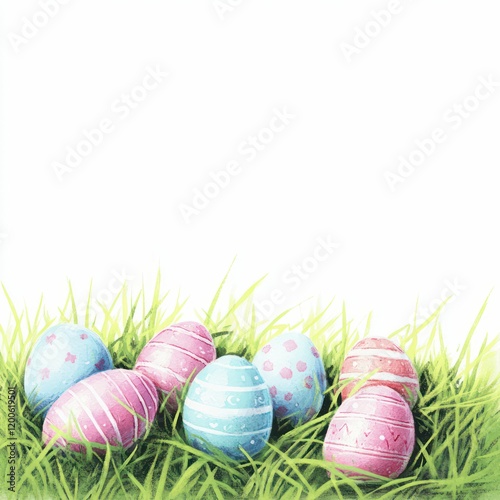 A cheerful Easter scene featuring colorful eggs in pink and blue nestled in the fresh spring grass. The vibrant decorations and natural elements celebrate the season of renewal and festive joy. photo