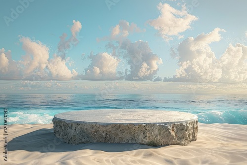 Premium Quality Image of Beach Podium with Driftwood Against Blue Sky for Product Photography