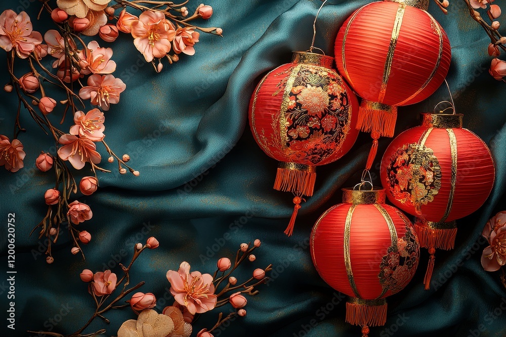 Obraz premium Vibrant Red Lanterns and Pink Blossoms on Silk Fabric, Perfect for Celebrating Lunar New Year and Traditional Festivals with Elegance and Grace