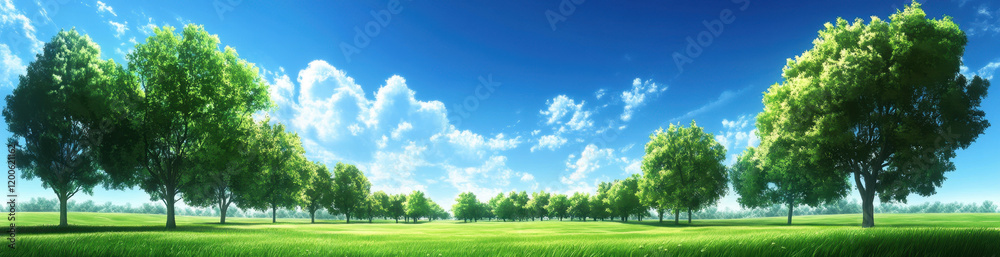 spring meadow with lush green trees under bright blue sky, creating serene and peaceful landscape. vibrant colors evoke sense of tranquility and natural beauty spring meadow with lush green trees under bright blue sky, creating serene and peaceful landscape. vibrant colors evoke sense of tranquility and natural beauty