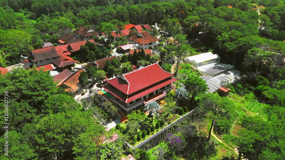 Drone footage captures the serene beauty of Truc Lam Monastery, offering breathtaking views of the surrounding landscape