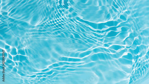 Blue water with ripples on the surface. Defocus blurred transparent blue colored clear calm water surface texture with splashes and bubbles. Water waves with shining pattern texture background.