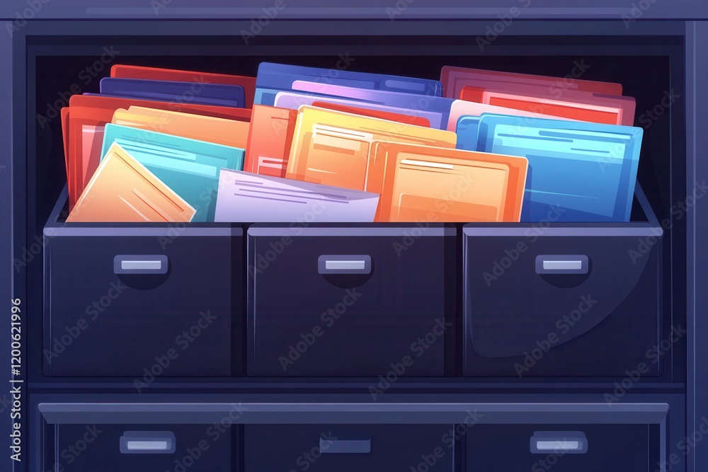 Colorful files overflow a dark filing cabinet. Illustrates efficient but potentially overflowing office organization. Colorful files overflow a dark filing cabinet. Illustrates efficient but potentially overflowing office organization.