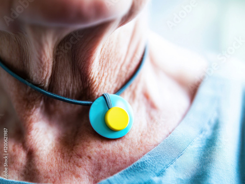 close up of unique aqua colored pendant necklace worn by elderly person, showcasing its vibrant yellow accent. design is modern and eye catching, adding touch of style photo