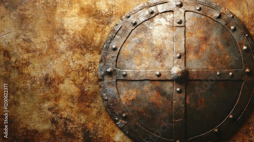 Ancient Rusty Shield on Weathered Background photo