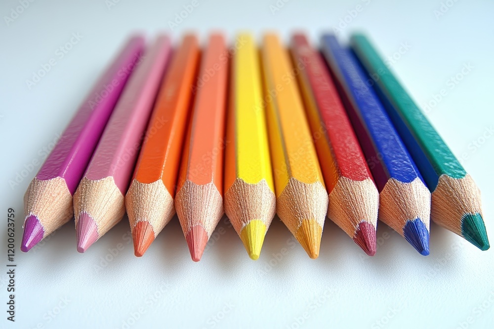 Ten sharpened colored pencils in a row. Illustrates creativity, art supplies, and childhood. Ten sharpened colored pencils in a row. Illustrates creativity, art supplies, and childhood.