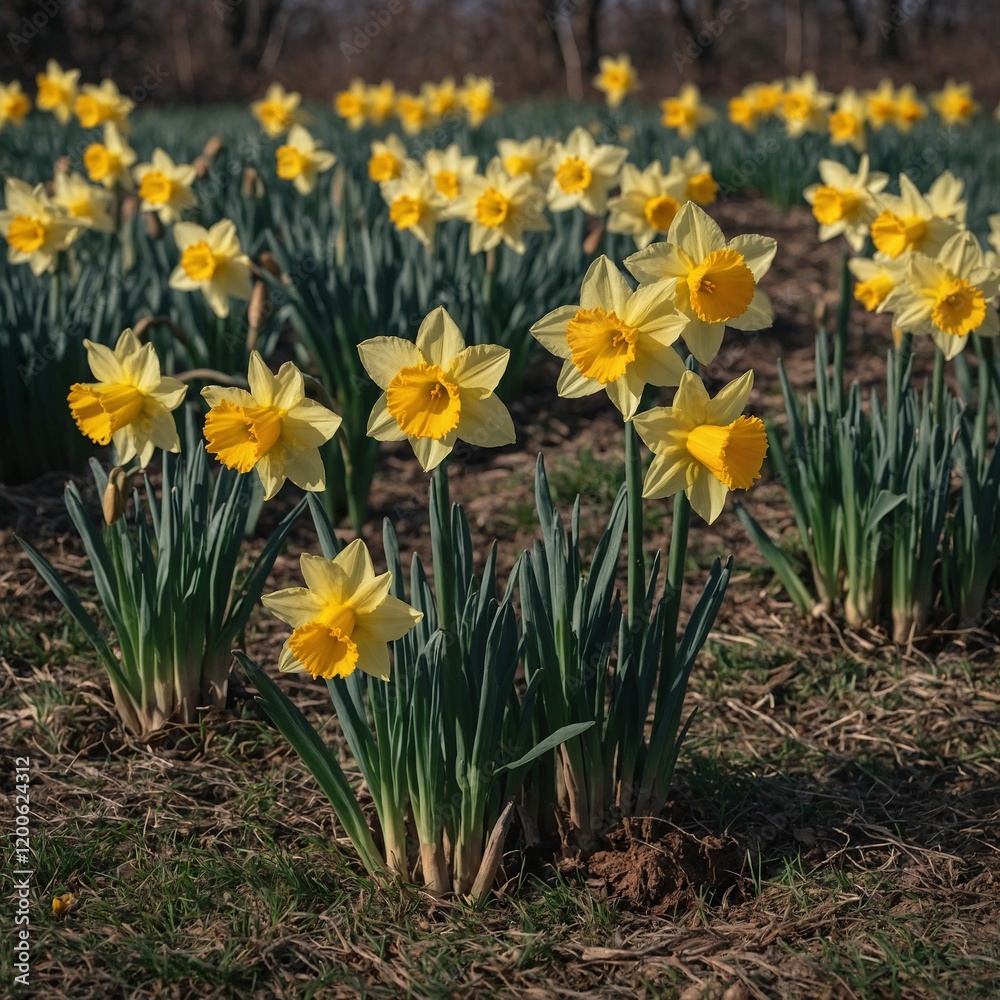 Obraz premium Bright yellow daffodils blooming in early spring.