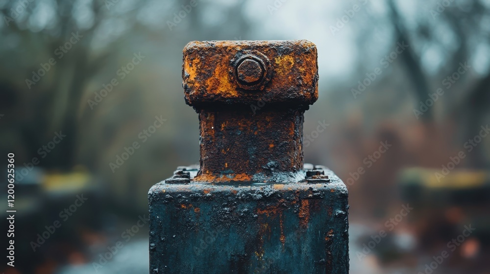 Rusty metal post with bolt detail, showing texture and age. Illustrates themes of decay, time, and industrial settings. Rusty metal post with bolt detail, showing texture and age. Illustrates themes of decay, time, and industrial settings.